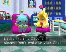 a video game scene that says " looks like this chao is sleepy "