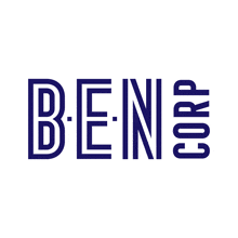 a ben corp logo that is blue and white