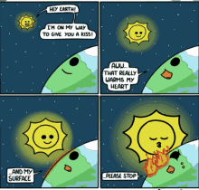 a cartoon of the sun saying " hey earth "