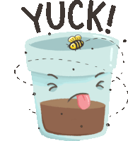 a cartoon drawing of a bee in a cup with the word yuck above it