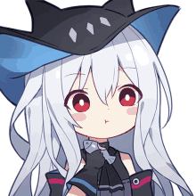 a drawing of a girl with long white hair and red eyes wearing a hat