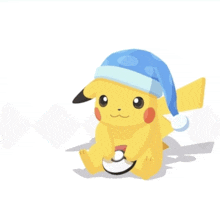 a pikachu wearing a blue hat is holding a pokemon ball