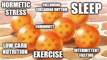 a bunch of orange dragon balls with the words hormetic stress following circadian rhythm sleep low carb nutrition exercise and intermittent fasting on them