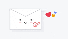 an envelope with a smiling face and hearts flying out of it