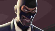 a close up of a man in a suit and tie wearing a mask and smiling .