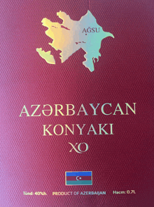 a bottle of azerbaijan konyaki xo has a map of the country on it