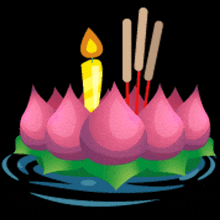 a cartoon illustration of a candle surrounded by pink flowers and incense sticks