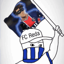 a drawing of a man holding a flag with fc reda written on it