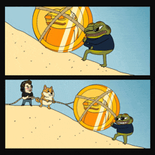 a doge is pulling a coin up a hill with a man and frog