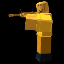 a yellow roblox character is holding a gun in his right hand .