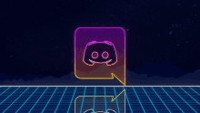 a neon discord icon with a speech bubble in front of it