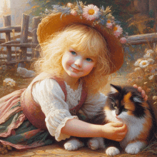 a little girl in a straw hat is petting a cat