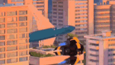 a helicopter is flying over a city with a plane flying overhead .