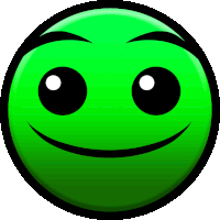 a green smiley face with black eyebrows and a smile