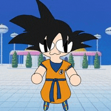 a cartoon of a boy in a dragon ball z outfit standing in front of a building .