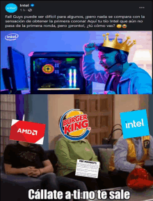 a twitter post with a picture of a man wearing a crown and a burger king logo on his head