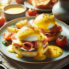 two eggs benedict sandwiches with ham and cheese on a plate