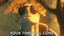 a close up of a chameleon 's face with the words `` your time will come '' written on it .
