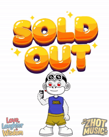 a cartoon monkey is holding a cell phone in front of the words sold out