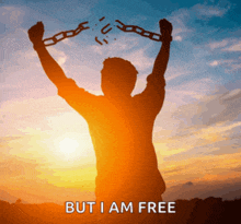 a silhouette of a man breaking chains with the words but i am free above him