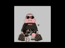 a cartoon of a fat pig wearing a supreme shirt and sunglasses holding two bags .