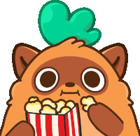 a cartoon drawing of a cat eating popcorn with a green heart on its head