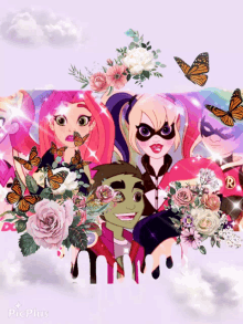 a group of cartoon characters are surrounded by flowers and butterflies and the word picplus is on the bottom right