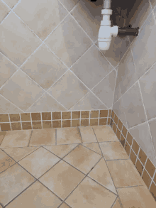 a corner of a bathroom with tiles and a sink