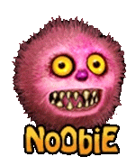 a pink furry monster with yellow eyes and the word noobie written on it .