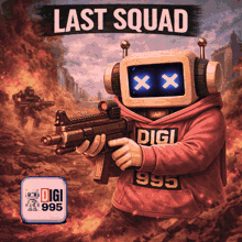 a robot holding a gun with the words last squad written above it