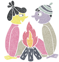 a drawing of a man and a woman sitting around a fire