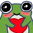 a frog with a heart in its mouth is holding a red heart .