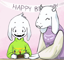 a cartoon drawing of a goat holding a cake with a happy birthday banner behind them