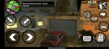 a screenshot of a video game shows a red car and a house