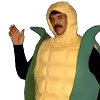 a man in a corn on the cob costume is waving his hand