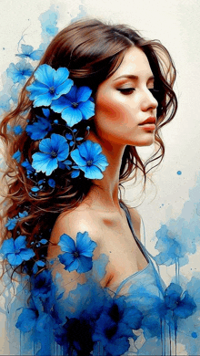 a painting of a woman with blue flowers in her long hair