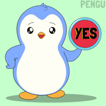a penguin holding a sign that says yes on it