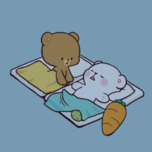 a cartoon of a teddy bear standing next to a sleeping bear