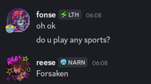 a screenshot of a chat between fonse and reese