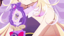 a girl with blonde hair is holding a purple bottle with a card on it