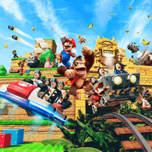 a group of people are riding a roller coaster with donkey kong