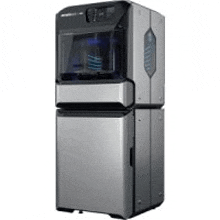 a stainless steel 3d printer is sitting on top of a stainless steel cabinet .