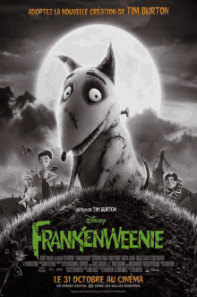 a movie poster for frankenweenie shows a dog with stitches on it