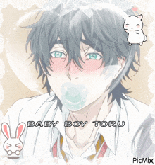 a picture of a boy with a pacifier in his mouth and the words baby boy toru