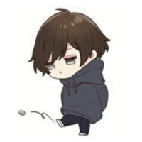 a chibi boy wearing a hoodie is standing next to a coin .