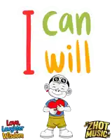 a cartoon of a boy holding a heart with the words " i can i will " above him