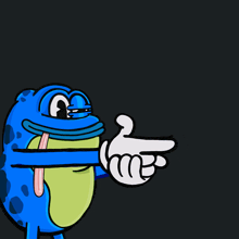a cartoon frog pointing at something with the word pow written below it
