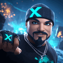 a man with a beard and a beanie with a blue x on it