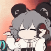 a cartoon girl wearing headphones and a hoodie is sitting down with her eyes closed .