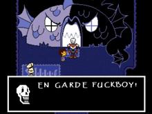 a video game screen says en garde fuckboy on the bottom